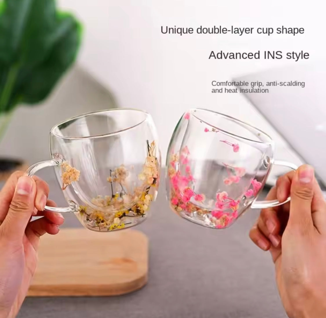 Dry Flowers Double Wall Glass Cup, Transparent Espresso Glass Cup, Double Wall Glass Cup With Handle Dry Flowers Double Wall Glass Cup, Transparent Espresso Glass Cup, Double Wall Glass Cup With Handle
